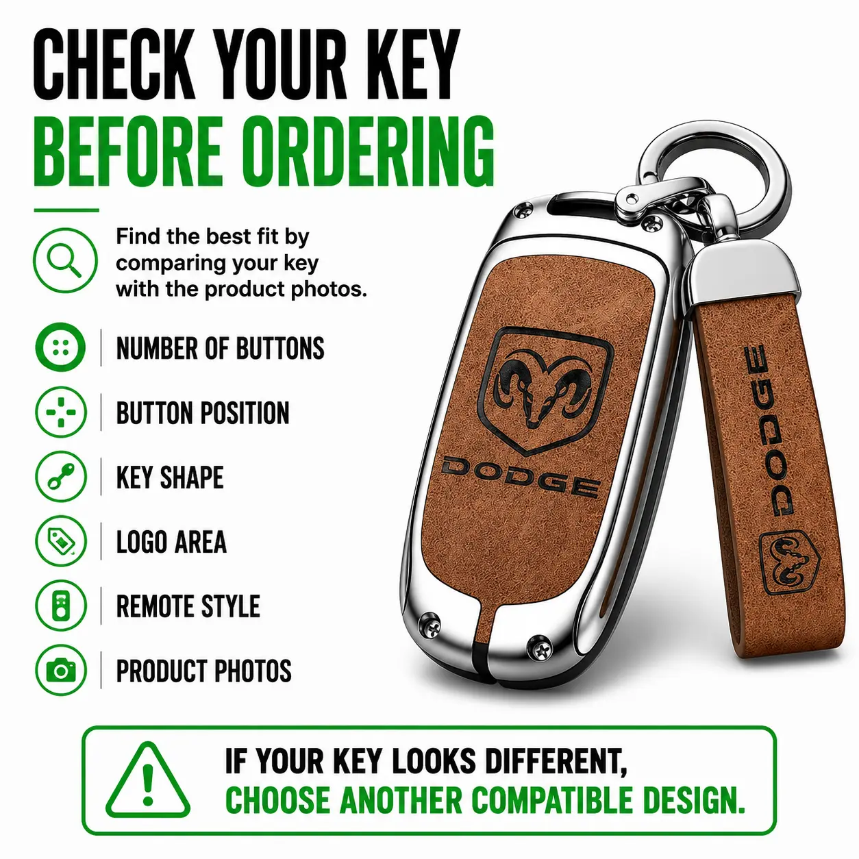 Check your key before ordering: number of buttons, button position, key shape, logo area, remote style, product photos