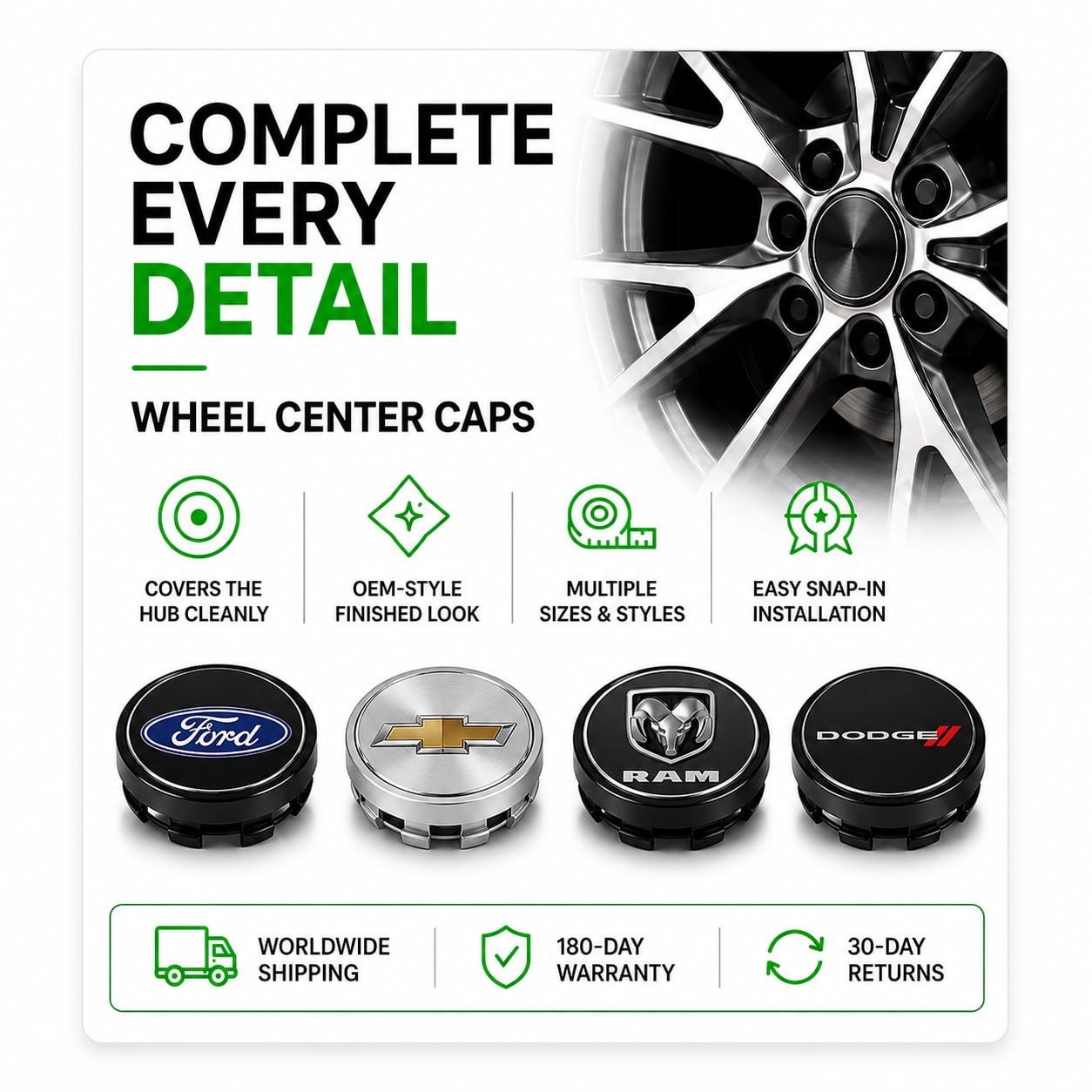 Wheel center caps complete your wheels: perfect fit, protects your hub, easy install, 180-day warranty