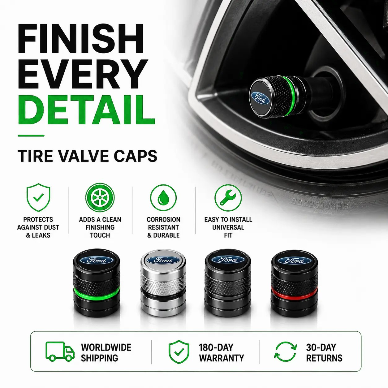 Tire valve caps installed on a wheel with examples of different styles and key product benefits