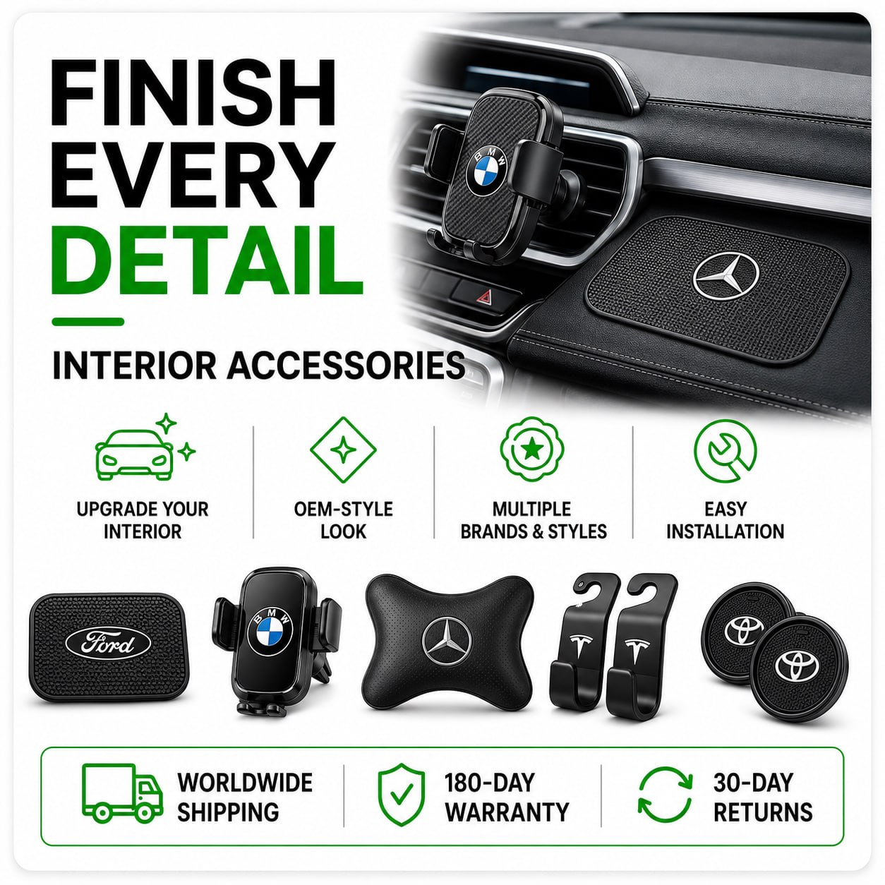 Interior accessories: comfort, organization, convenience — phone holders, dashboard mats, storage and hooks, comfort accessories
