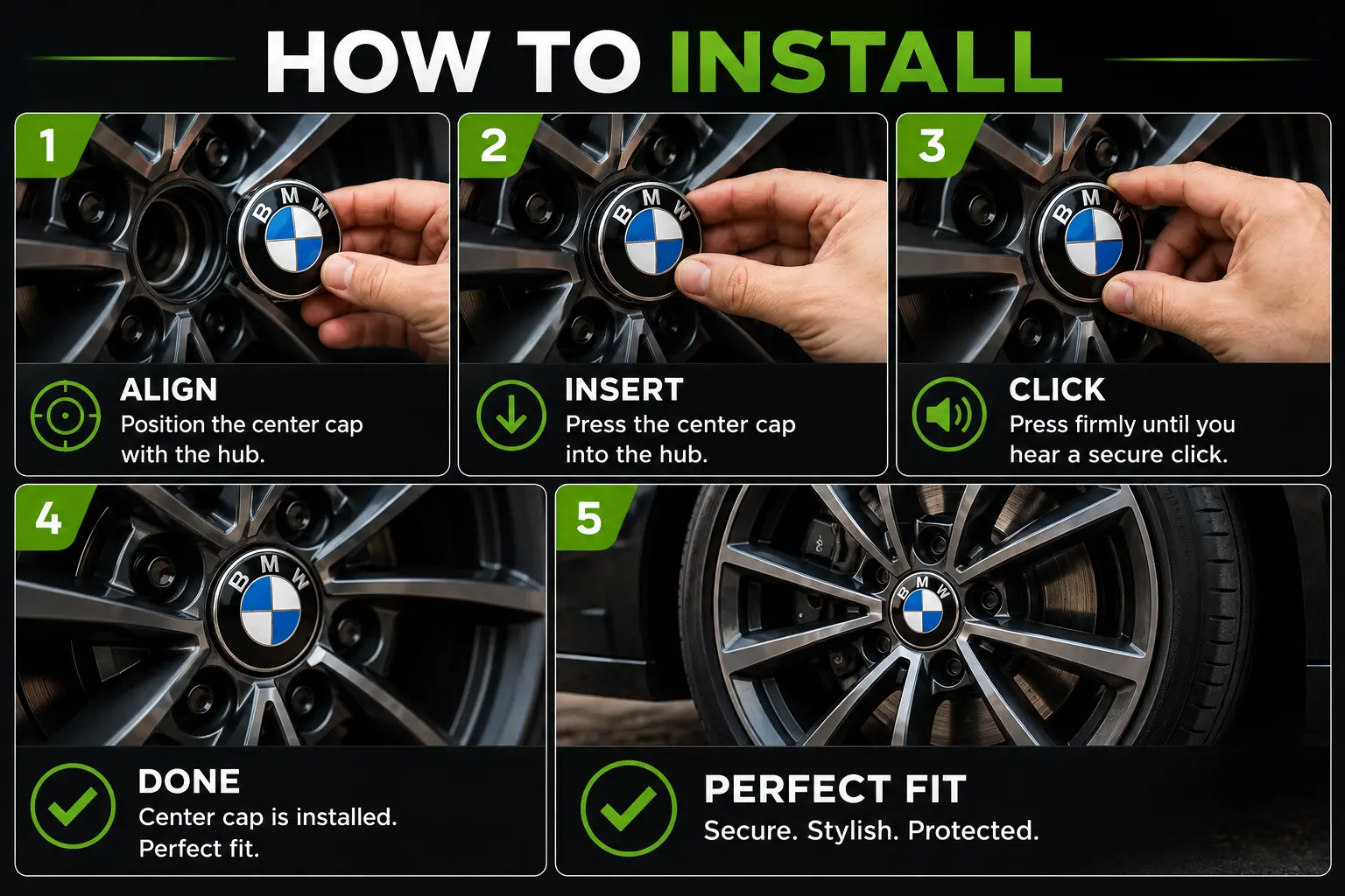 How to install a wheel center cap: align, insert, click, done, perfect fit