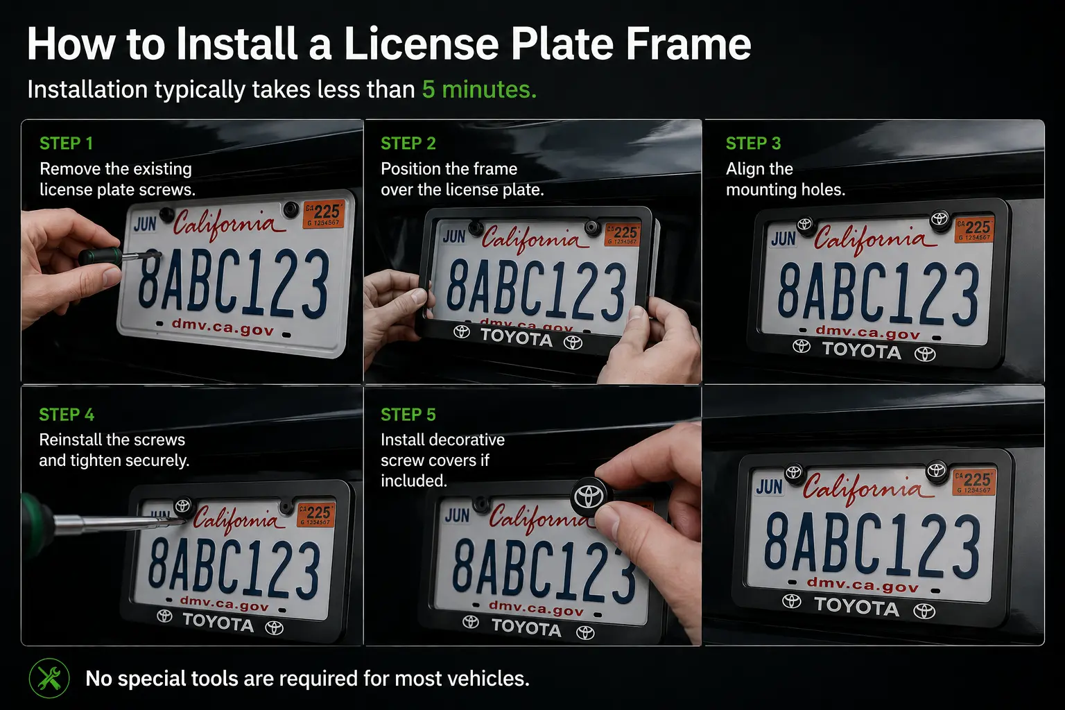 How to install a license plate frame: remove the existing screws, position the frame, align the mounting holes, reinstall the screws, install decorative screw covers