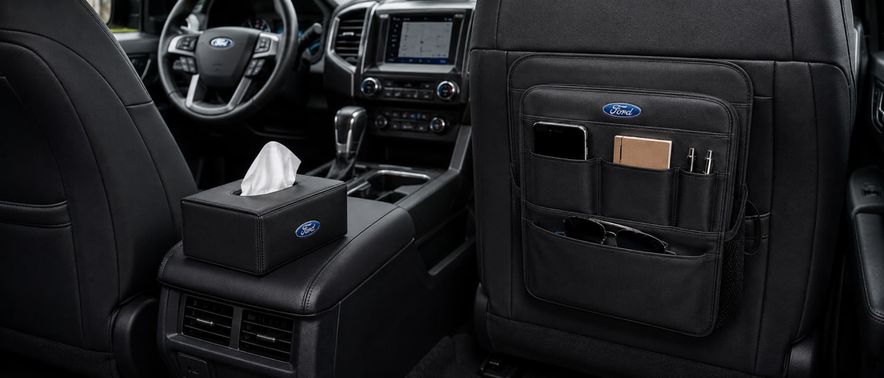 Tissue box and seat back organizer keeping essentials within reach