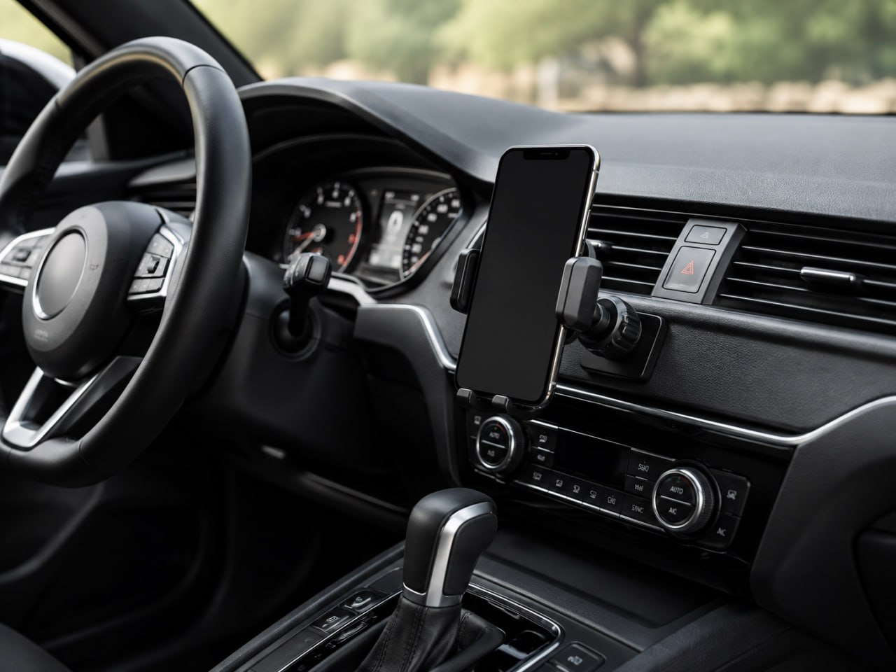 Phone mounted on a dashboard-mounted phone holder