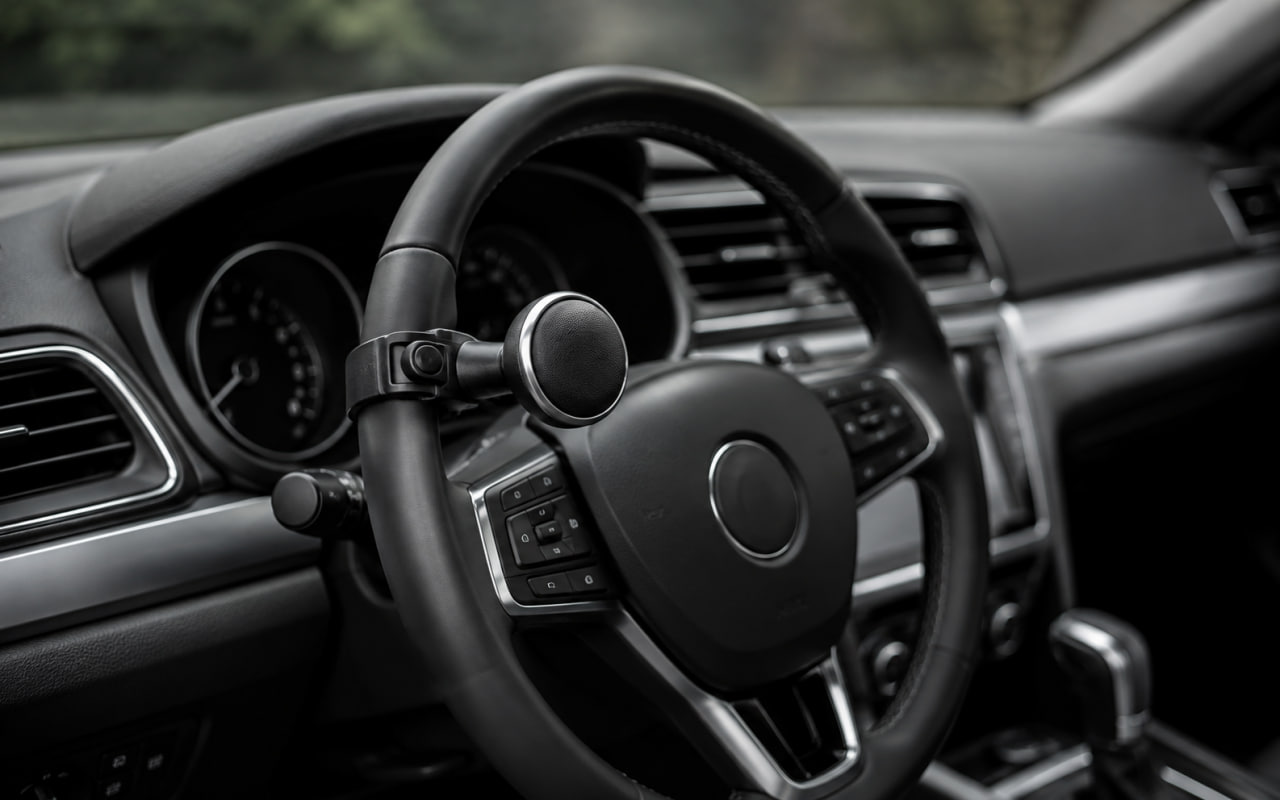Steering wheel booster knob attached to a steering wheel